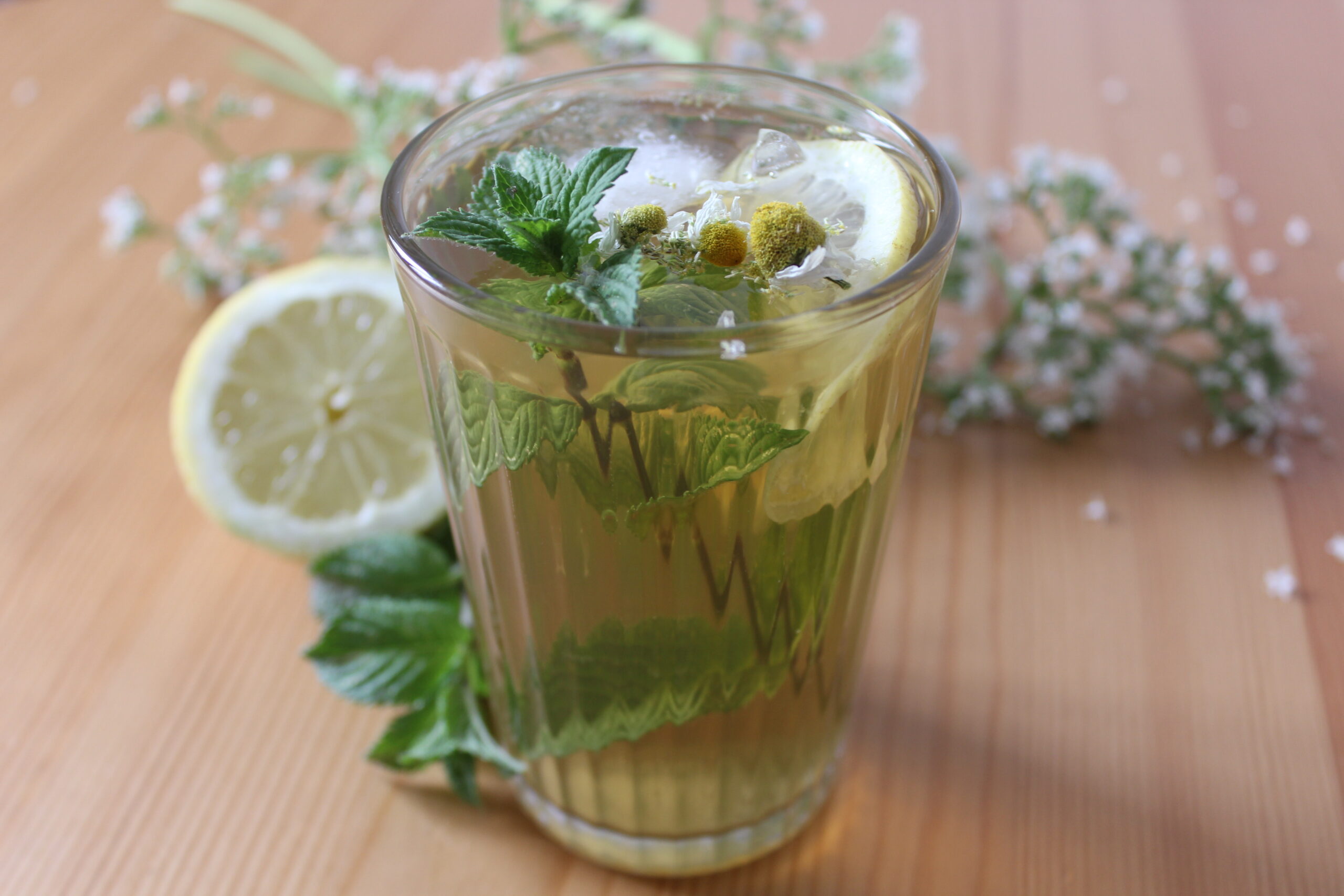 ein Glas Eistee mit Minze, Kamille, Zitronenscheiben und Eiswürfel